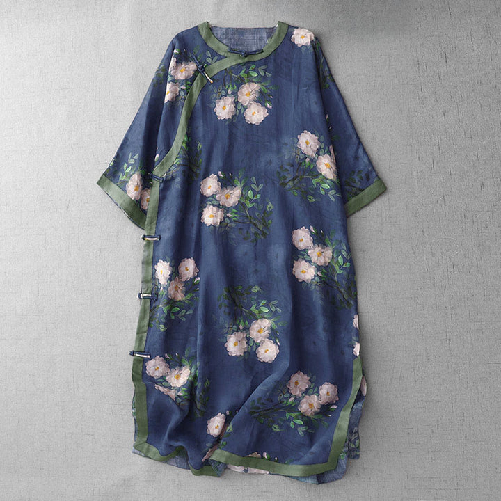 Buddha Stones Frog-Button Orchid Pomegranate Flowers Pattern Side Slit Design Half Sleeve Midi Dress - DarkBlue - US12，UK/AU16，EU44 (2XL) - image 12