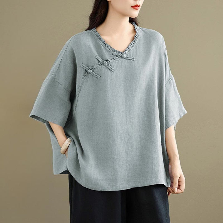 Buddha Stones Spring V-Neck Frog-Button Long Sleeve Plain Women's Cotton Shirt  - image 2