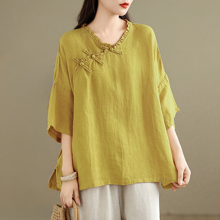 Buddha Stones Spring V-Neck Frog-Button Long Sleeve Plain Women's Cotton Shirt  - image 8