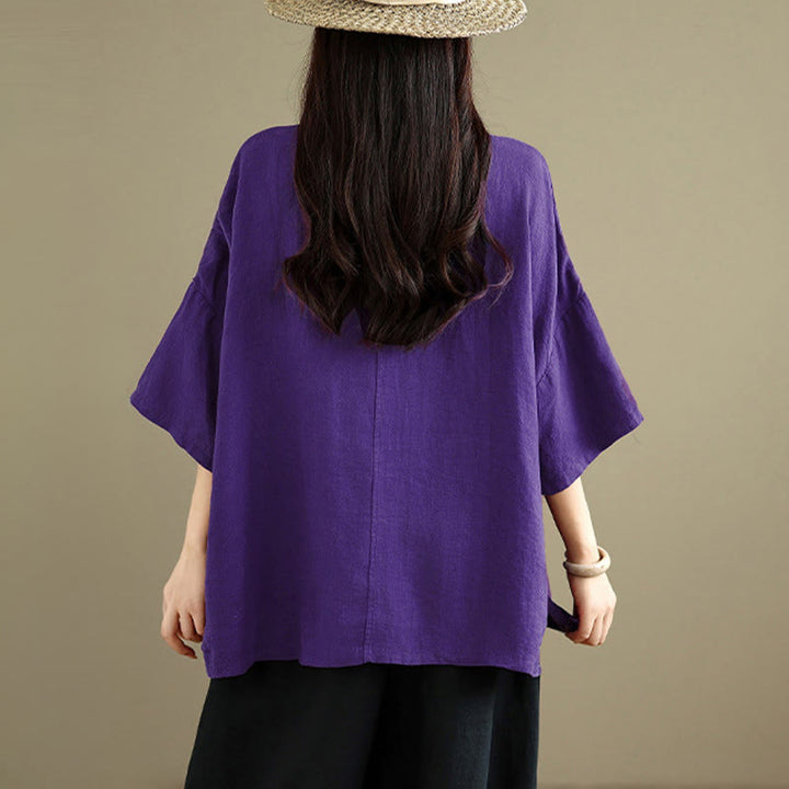 Buddha Stones Spring V-Neck Frog-Button Long Sleeve Plain Women's Cotton Shirt  - image 17