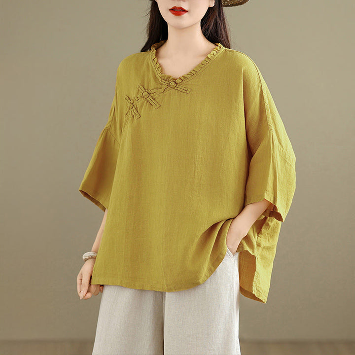 Buddha Stones Spring V-Neck Frog-Button Long Sleeve Plain Women's Cotton Shirt  - image 10