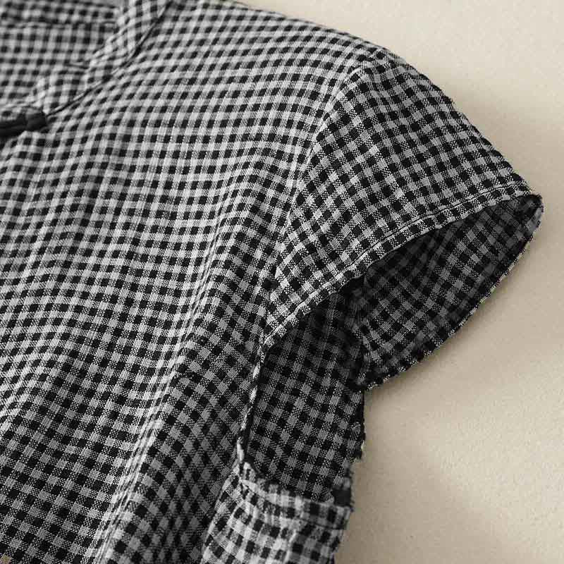 Buddha Stones Summer Crew Neck Frog-Button Short Sleeve Plaid Women's Cotton Shirt  - image 2