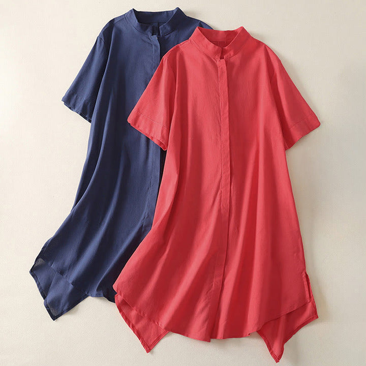 Buddha Stones Summer Stand Collar Short Sleeve Plain Women's Buttons Cotton Shirt With Pocket - image 15
