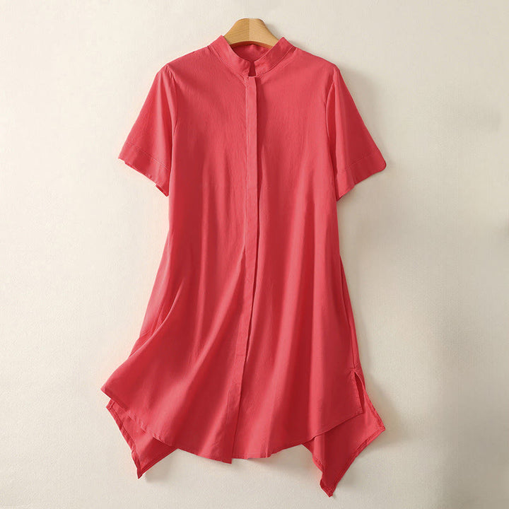 Buddha Stones Summer Stand Collar Short Sleeve Plain Women's Buttons Cotton Shirt With Pocket - Red - US8-10，UK/AU12-14，EU40-42 (2XL) - image 5