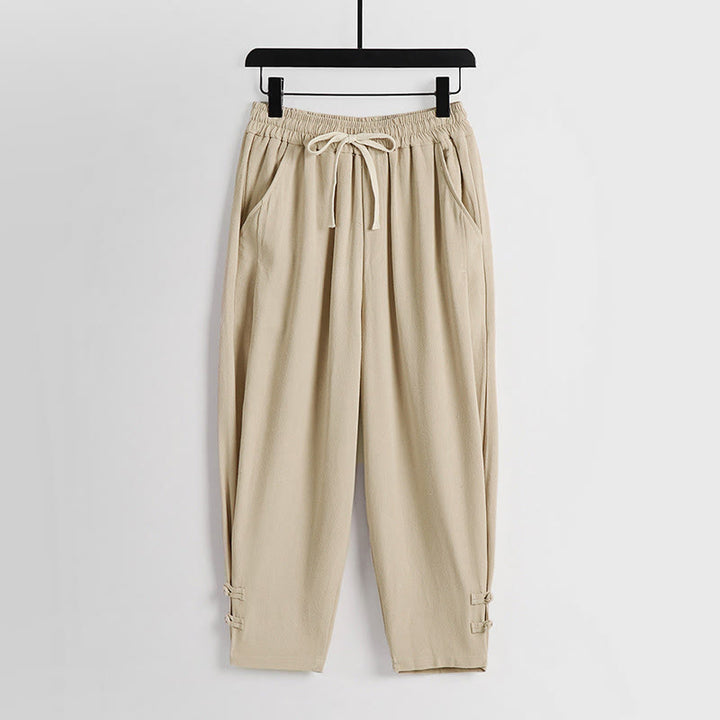 Buddha Stones Summer Drawstring Elastic Waist Frog-Button Ankle-Length Men's Cotton Linen Pants With Pockets - Bisque - US/UK/AU54，EU64 (9XL) - image 11