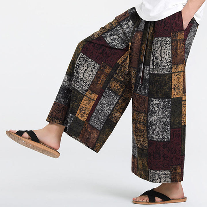 Buddha Stones Summer Patchwork Design 7-8 Length Men's Wide Leg Pants With Pockets - SaddleBrown - US/UK/AU46，EU56 (5XL) - image 0