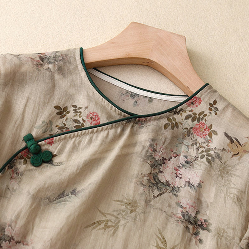 Buddha Stones White Orchid Red Flowers Frog-Button Design Three Quarter Sleeve Women's Shirt - image 9