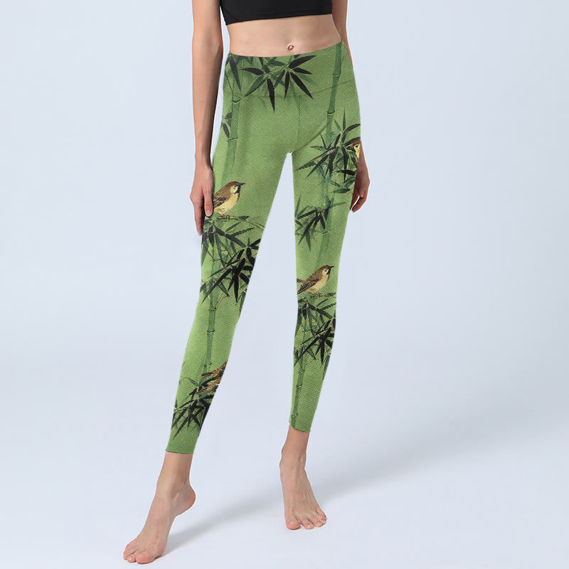 Buddha Stones Elegant Bird Bamboo Leaf Pattern Print Gym Leggings Women's Yoga Pants - image 5