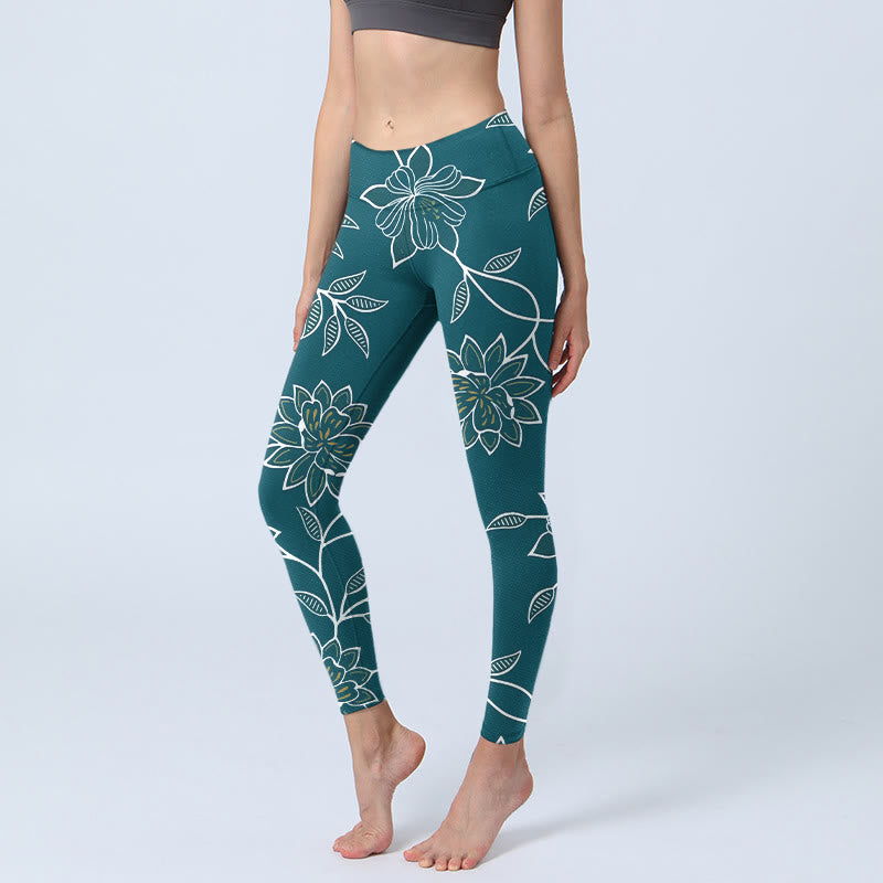 Buddha Stones Retro Elegant Flower Leaf Pattern Print Gym Leggings Women's Yoga Pants - Teal - US18，UK/AU22，EU50 (4XL) - image 0
