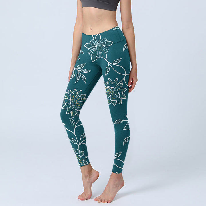 Buddha Stones Retro Elegant Flower Leaf Pattern Print Gym Leggings Women's Yoga Pants - Teal - US18，UK/AU22，EU50 (4XL) - image 0