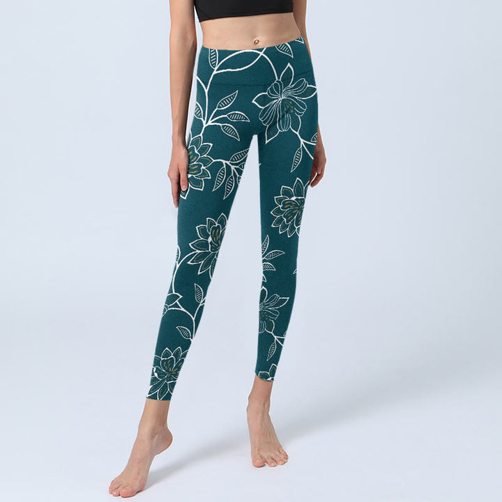 Buddha Stones Retro Elegant Flower Leaf Pattern Print Gym Leggings Women's Yoga Pants - image 5