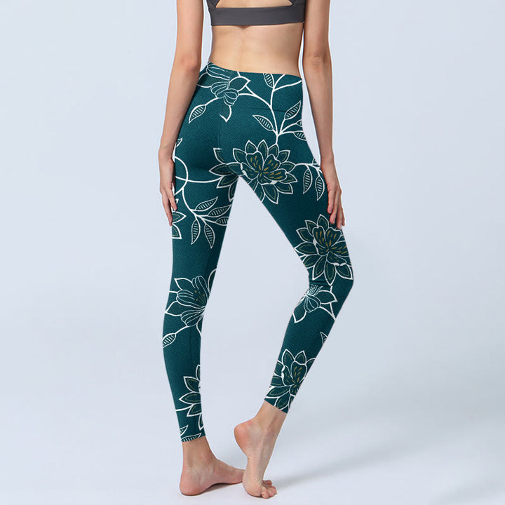 Buddha Stones Retro Elegant Flower Leaf Pattern Print Gym Leggings Women's Yoga Pants - image 4