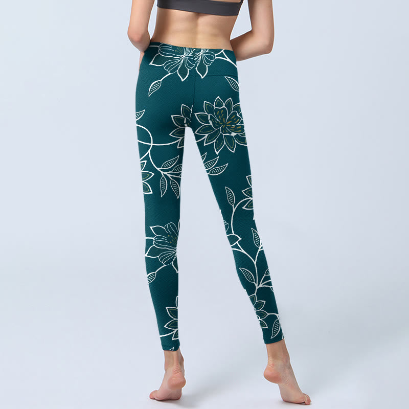Buddha Stones Retro Elegant Flower Leaf Pattern Print Gym Leggings Women's Yoga Pants - image 6