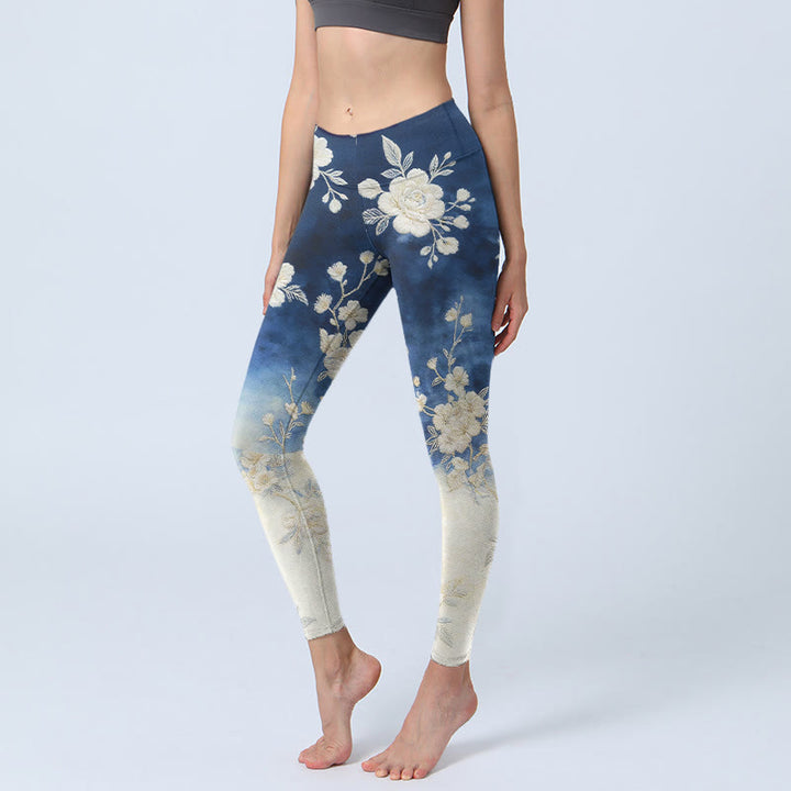 Buddha Stones Elegant Refined Flower Pattern Print Gym Leggings Women's Yoga Pants - DarkBlue - US18，UK/AU22，EU50 (4XL) - image 0