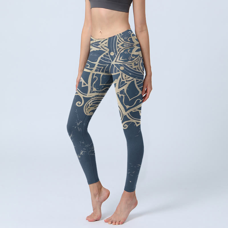 Buddha Stones Retro Mandala Pattern Print Gym Leggings Women's Yoga Pants - SteelBlue - US18，UK/AU22，EU50 (4XL) - image 0