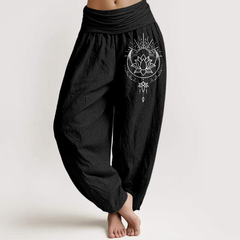 Buddha Stones Pure Cotton Concise Lotus Flower Pattern Women's Elastic Waist Harem Pants - Black - US16，UK/AU20，EU48 (3XL) - image 5