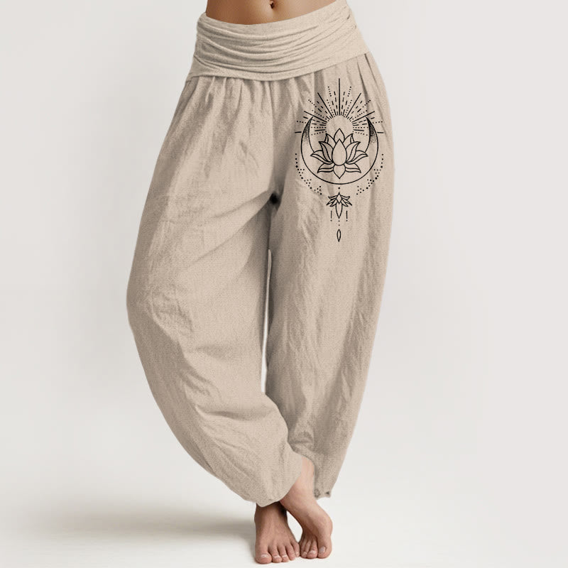 Buddha Stones Pure Cotton Concise Lotus Flower Pattern Women's Elastic Waist Harem Pants - Tan - US16，UK/AU20，EU48 (3XL) - image 11