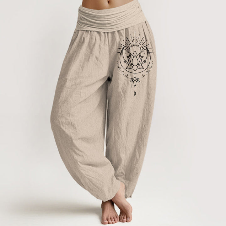 Buddha Stones Pure Cotton Concise Lotus Flower Pattern Women's Elastic Waist Harem Pants - Tan - US16，UK/AU20，EU48 (3XL) - image 11