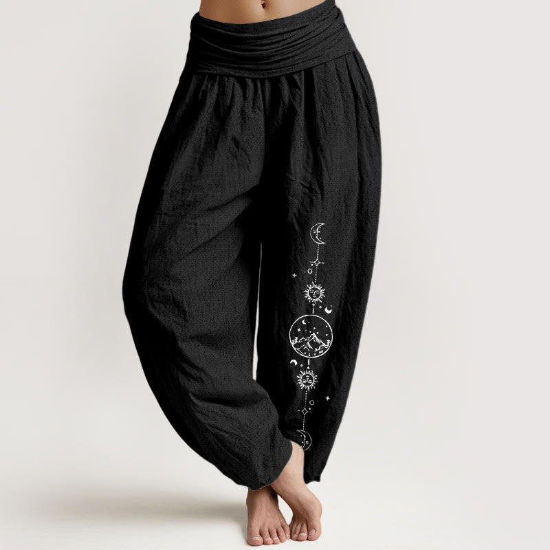 Buddha Stones Pure Cotton Minimalist Design Moon Sun Star Mountain Pattern Women's Elastic Waist Harem Pants - Black - US16，UK/AU20，EU48 (3XL) - image 5