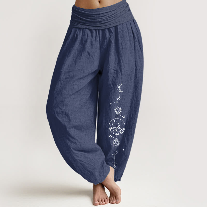 Buddha Stones Pure Cotton Minimalist Design Moon Sun Star Mountain Pattern Women's Elastic Waist Harem Pants - DarkSlateBlue - US16，UK/AU20，EU48 (3XL) - image 8