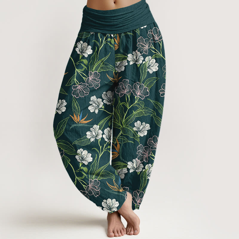 Buddha Stones Cotton Contrasting Colors Flower Leaf Pattern Women's Elastic Waist Harem Pants - Teal - US16，UK/AU20，EU48 (3XL) - image 0