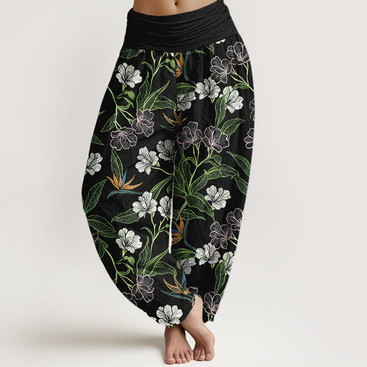 Buddha Stones Cotton Contrasting Colors Flower Leaf Pattern Women's Elastic Waist Harem Pants - Black - US16，UK/AU20，EU48 (3XL) - image 5