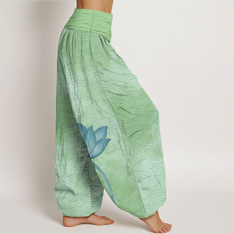 Buddha Stones Cotton Light Color Lotus Wavy Lines Pattern Women's Elastic Waist Harem Pants - image 10