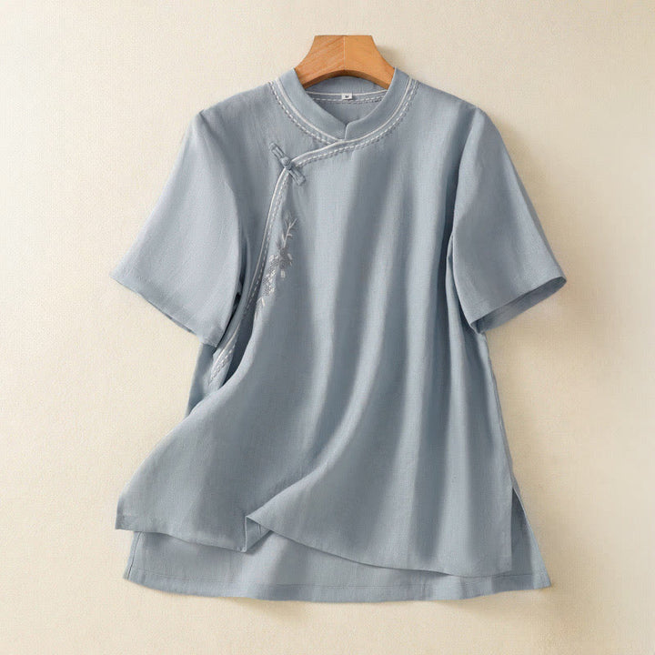 Buddha Stones Summer Stand Collar Short Sleeve Plain Women's  Frog-Button Cotton Shirt With Pocket - LightSteelBlue - US8-10，UK/AU12-14，EU40-42 (2XL) - image 0