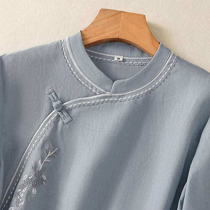 Buddha Stones Summer Stand Collar Short Sleeve Plain Women's  Frog-Button Cotton Shirt With Pocket - image 3