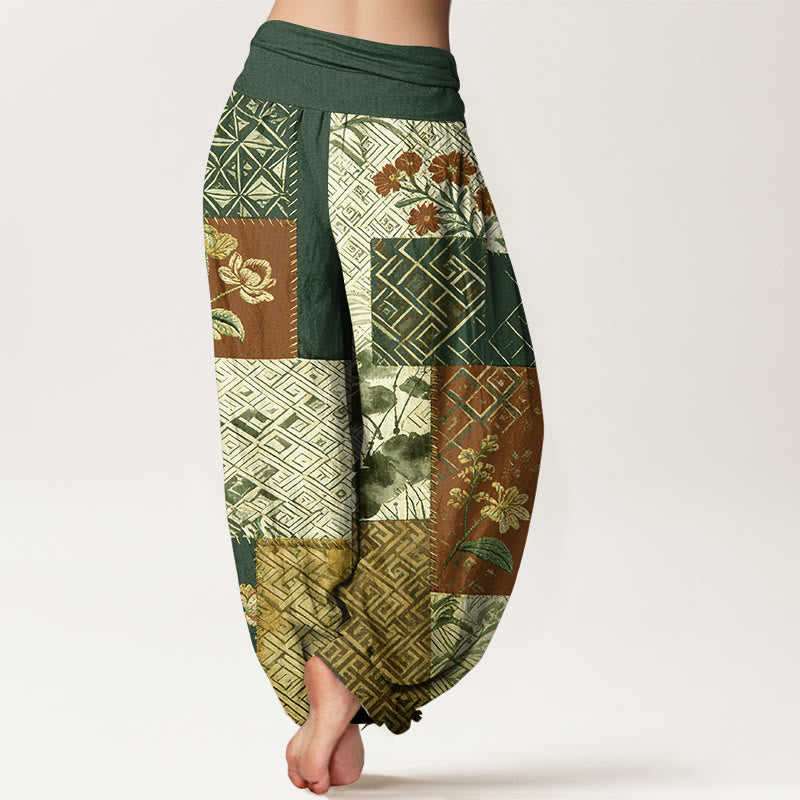 Buddha Stones Cotton Color Blocking Design Flower Geometry Pattern Women's Elastic Waist Harem Pants - image 9