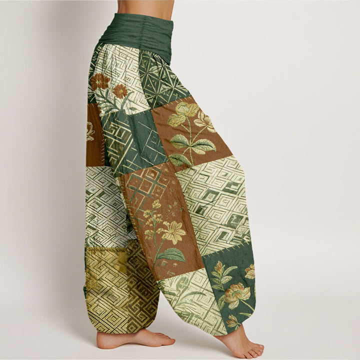 Buddha Stones Cotton Color Blocking Design Flower Geometry Pattern Women's Elastic Waist Harem Pants - image 10