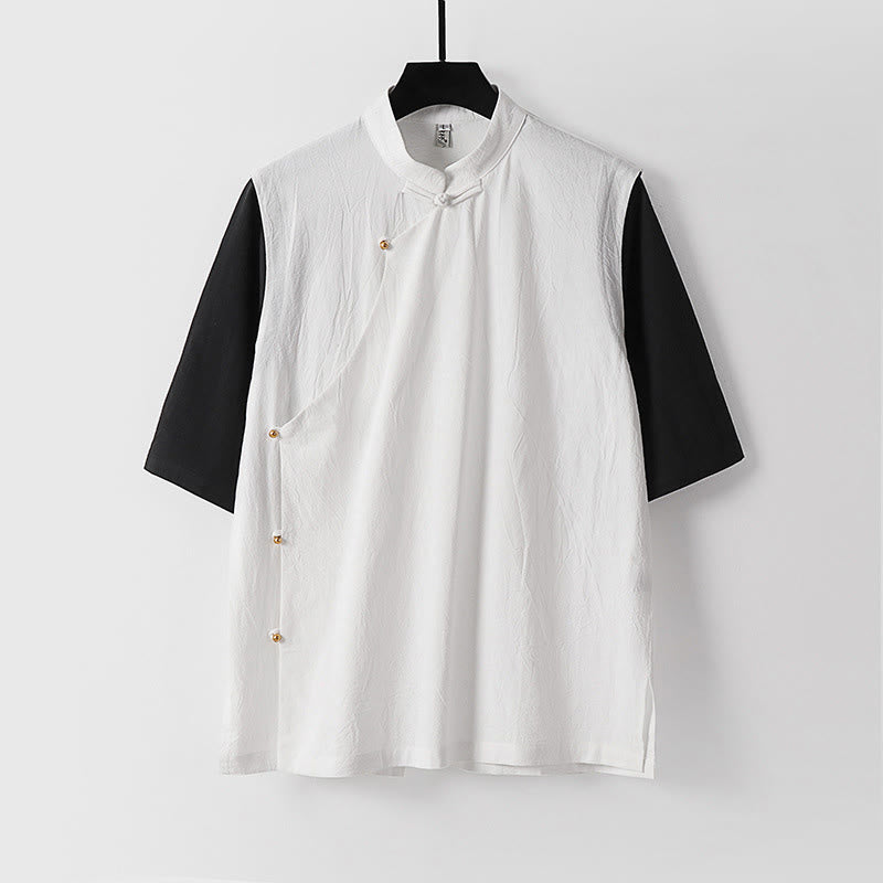 Buddha Stones Summer 2 In 1 Stripes Stand Collar Short Sleeve Frog-Button Men's Cotton Shirt - White - US/UK/AU54，EU64 (9XL) - image 2