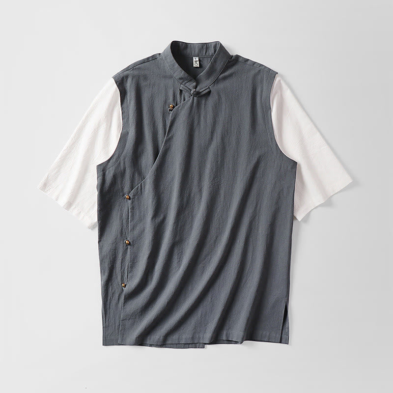 Buddha Stones Summer 2 In 1 Stripes Stand Collar Short Sleeve Frog-Button Men's Cotton Shirt - image 1