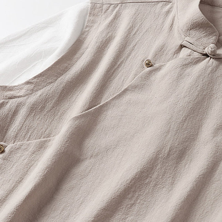 Buddha Stones Summer 2 In 1 Stripes Stand Collar Short Sleeve Frog-Button Men's Cotton Shirt - image 9