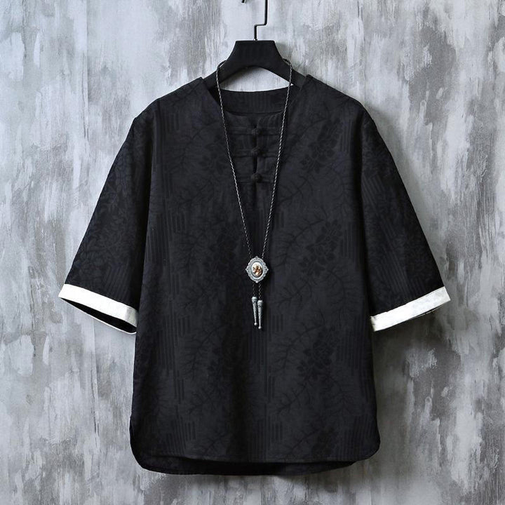 Buddha Stones Summer Floral Pattern Frog-Button Half Sleeve Cotton Men's Shirt  - Black - US/UK/AU48，EU58 (6XL) - image 10
