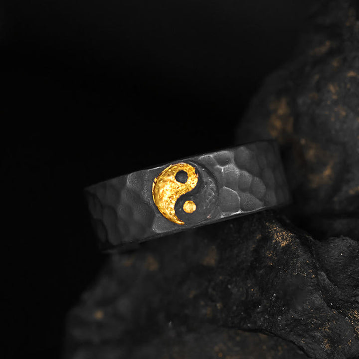 Buddha Stones Handmade 999 Sterling Silver 999 Gold Yin Yang Textured Balance Ring - image 2