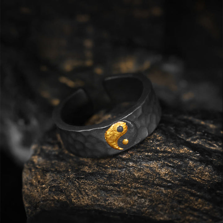 Buddha Stones Handmade 999 Sterling Silver 999 Gold Yin Yang Textured Balance Ring - image 3
