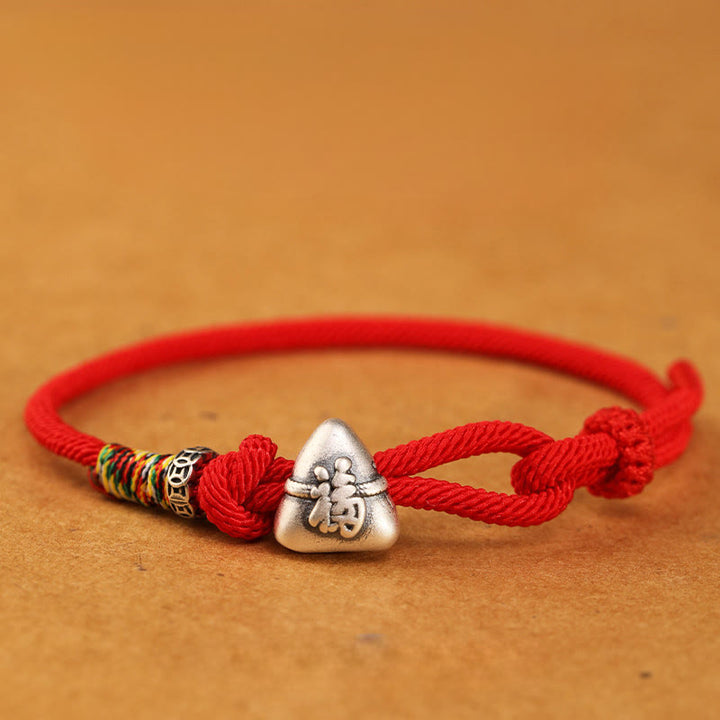 Buddha Stones 999 Sterling Silver Fu Character Zongzi Fortune Luck Rope Bracelet - Red - 19-21cm - image 14