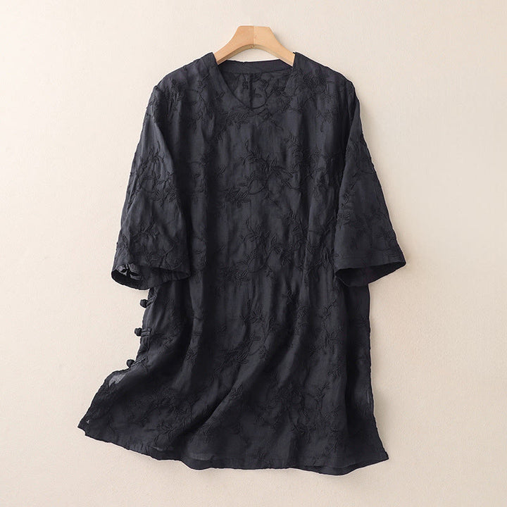 Buddha Stones Spring V-Neck Long Sleeve Leaf Pattern Women's Cotton Shirt  - Black - US8-10，UK/AU12-14，EU40-42 (2XL) - image 8