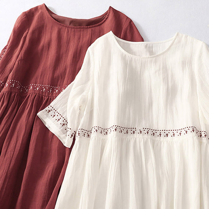 Buddha Stones Solid Color Embroidery Short Sleeve Midi Dress With Pockets - image 27