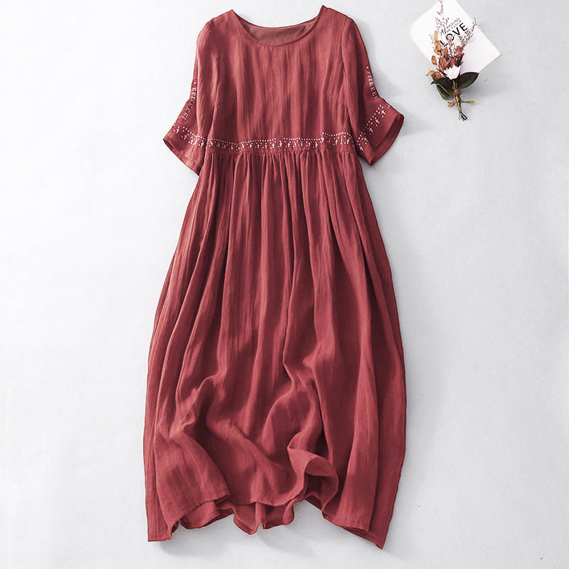 Buddha Stones Solid Color Embroidery Short Sleeve Midi Dress With Pockets - FireBrick - US12，UK/AU16，EU44 (2XL) - image 16