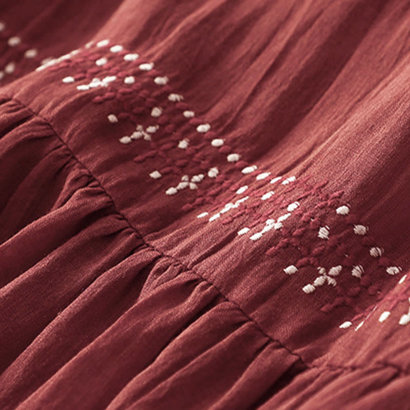 Buddha Stones Solid Color Embroidery Short Sleeve Cotton Midi Dress With Pockets - image 24