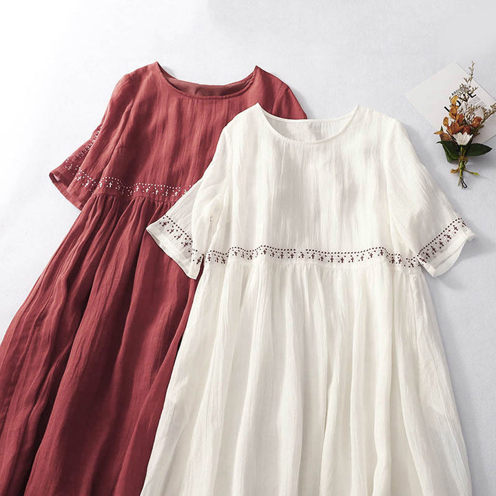 Buddha Stones Solid Color Embroidery Short Sleeve Midi Dress With Pockets - image 22