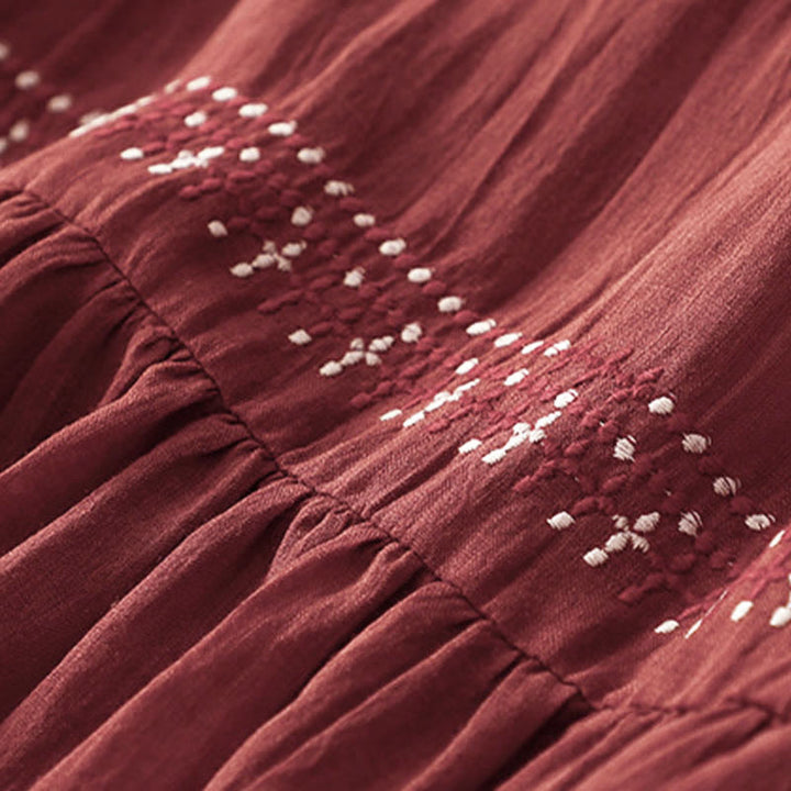 Buddha Stones Solid Color Embroidery Short Sleeve Cotton Midi Dress - image 24