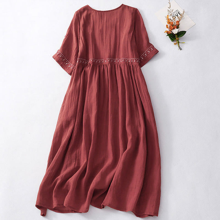 Buddha Stones Solid Color Embroidery Short Sleeve Cotton Midi Dress - image 17