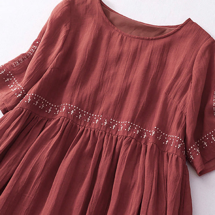 Buddha Stones Solid Color Embroidery Short Sleeve Midi Dress With Pockets - image 20