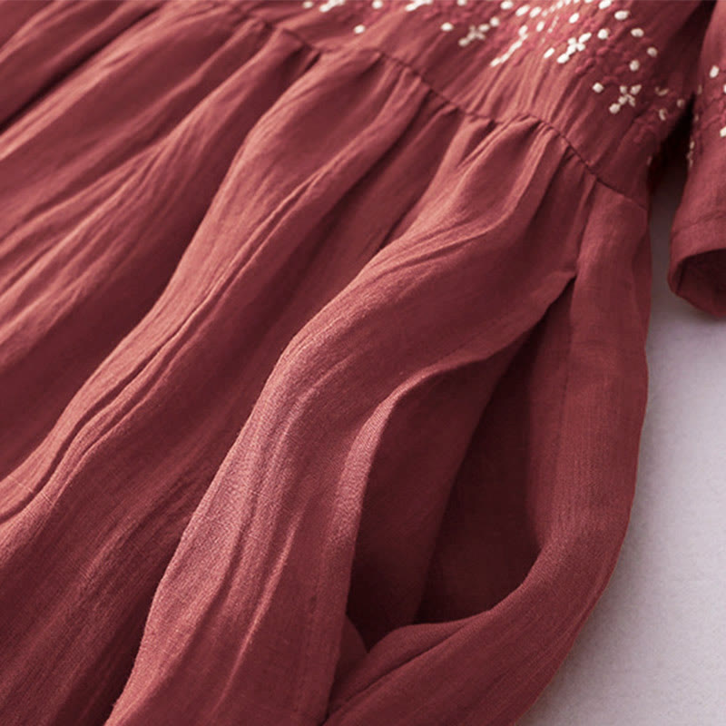 Buddha Stones Solid Color Embroidery Short Sleeve Cotton Midi Dress With Pockets - image 25