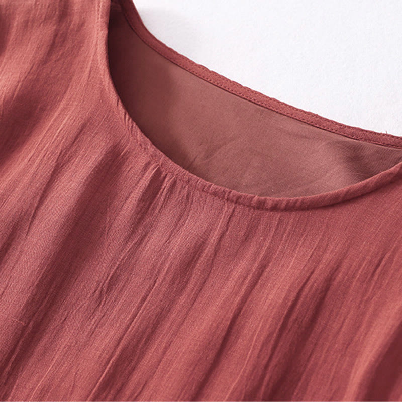 Buddha Stones Solid Color Embroidery Short Sleeve Midi Dress With Pockets - image 23