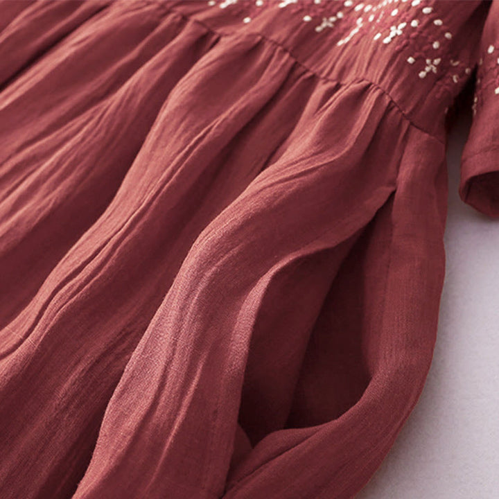 Buddha Stones Solid Color Embroidery Short Sleeve Cotton Midi Dress - image 25