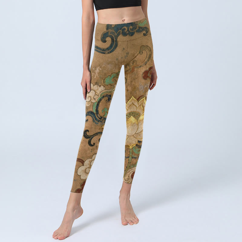 Buddha Stones Traditional Lotus Flower Cloud Pattern Print Gym Leggings Women's Yoga Pants - image 5